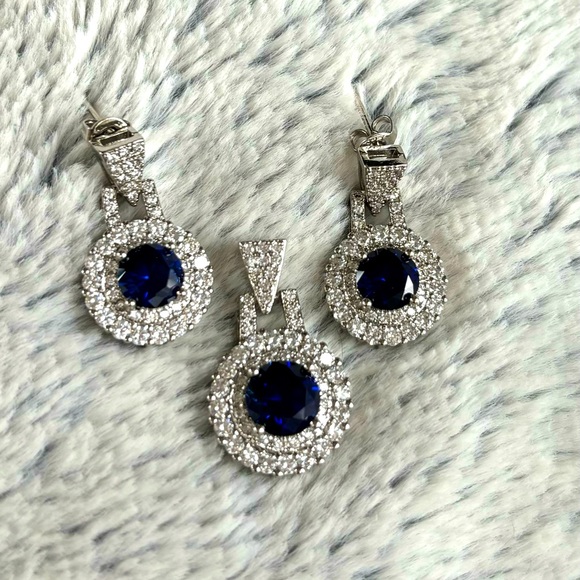 Sapphire Blue Certified Moissanite Earrings & Pendant Sterling Silver
